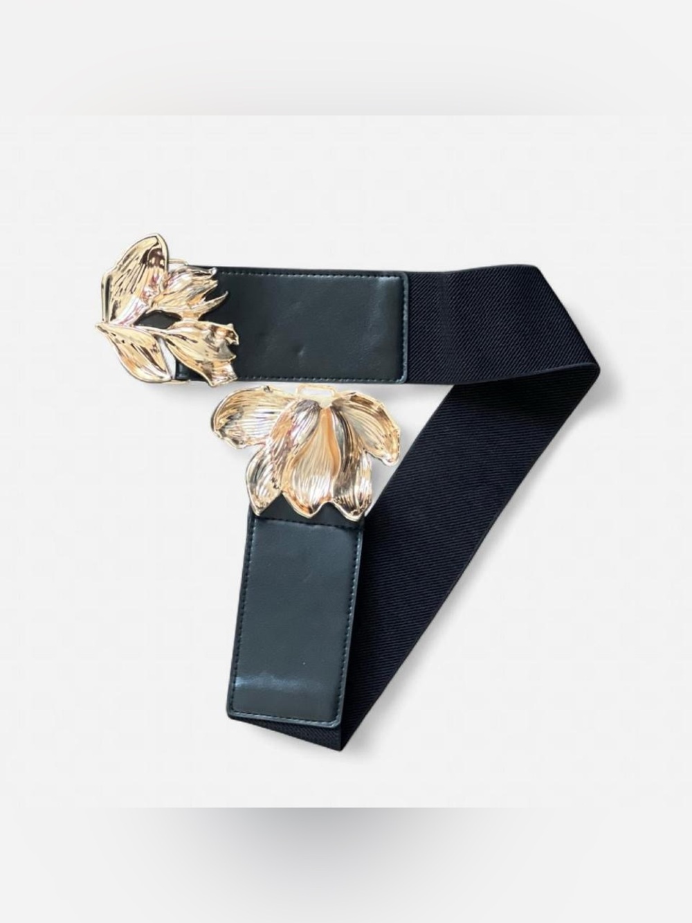 Fashion Nova Statement Gold Floral Stretch Waist Belt | Black Elastic | One Size